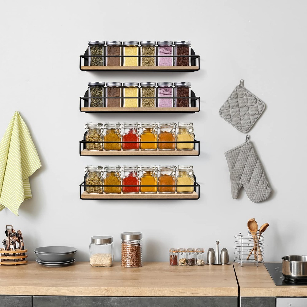 TJ.MOREE 4 Pack Wall Mounted Spice Rack Rustic Hanging Organizer