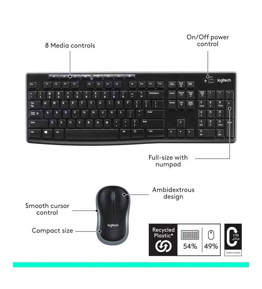 Logitech MK270 Wireless Keyboard & Mouse Combo, USB Receiver, Black