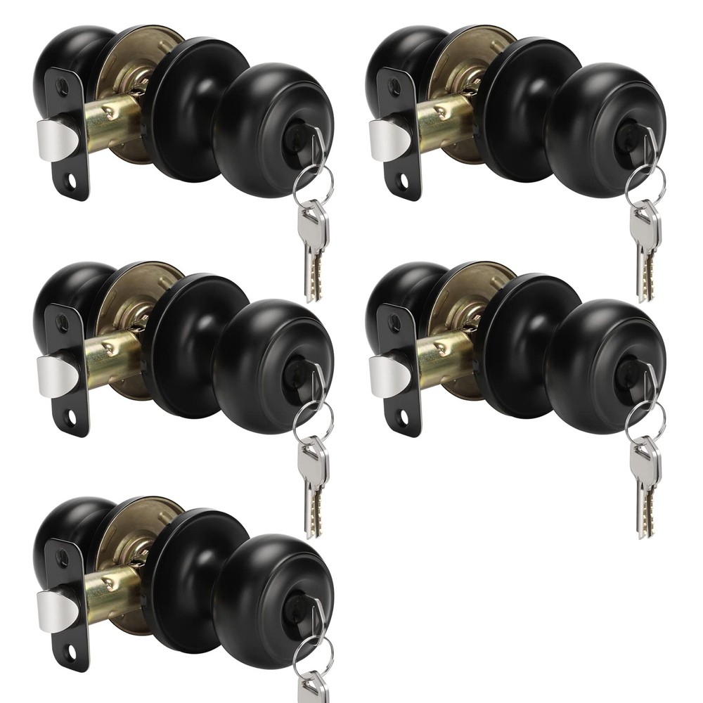 5 Pack Matte Black Door Knobs with Lock and Key, Keyed Alike Keyed Entry Door...
