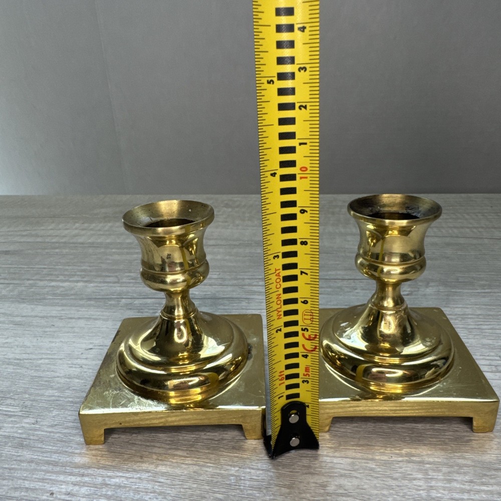 Set of 2 Solid Brass Square Bottom CM Candlesticks 3.25” Tall