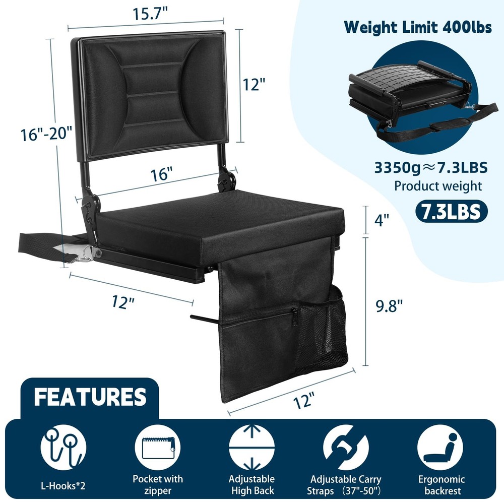 Extra Wide Stadium Seat with Back Support | Adjustable High Back & Thick Padd...