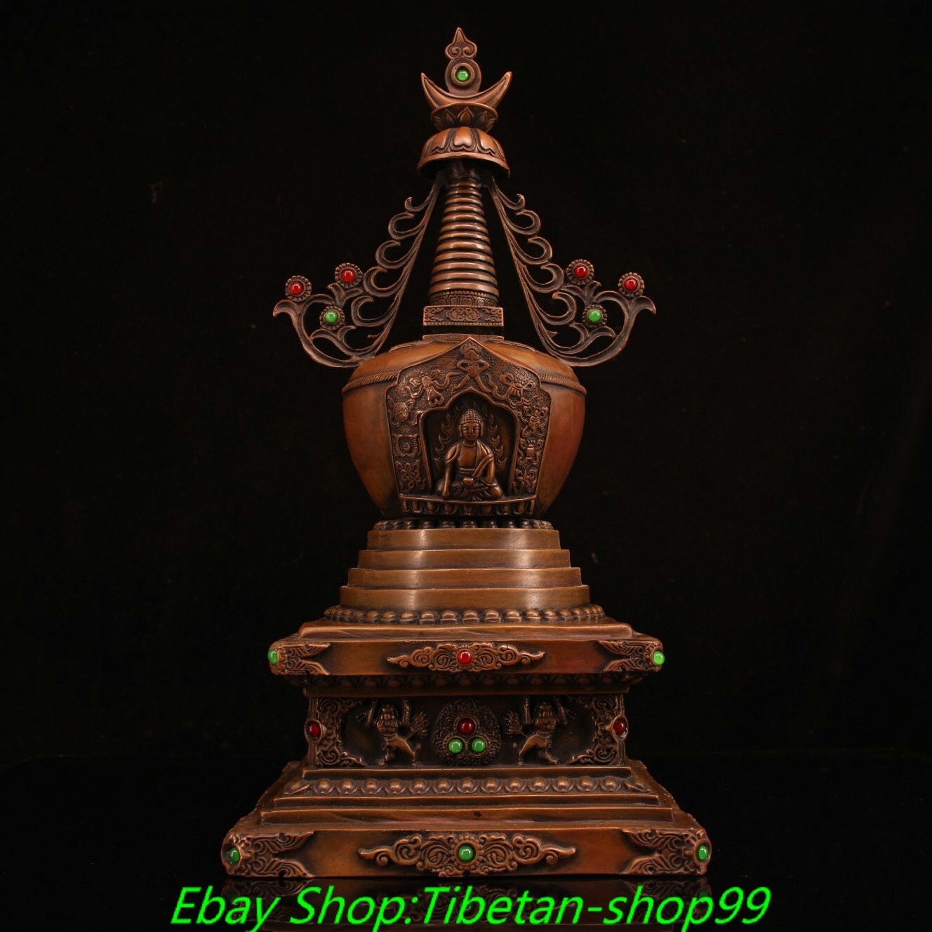 15.7'' Old Tibet Bronze Inlay Gems Shakyamuni Buddha Stupa Pagoda Tower Statue