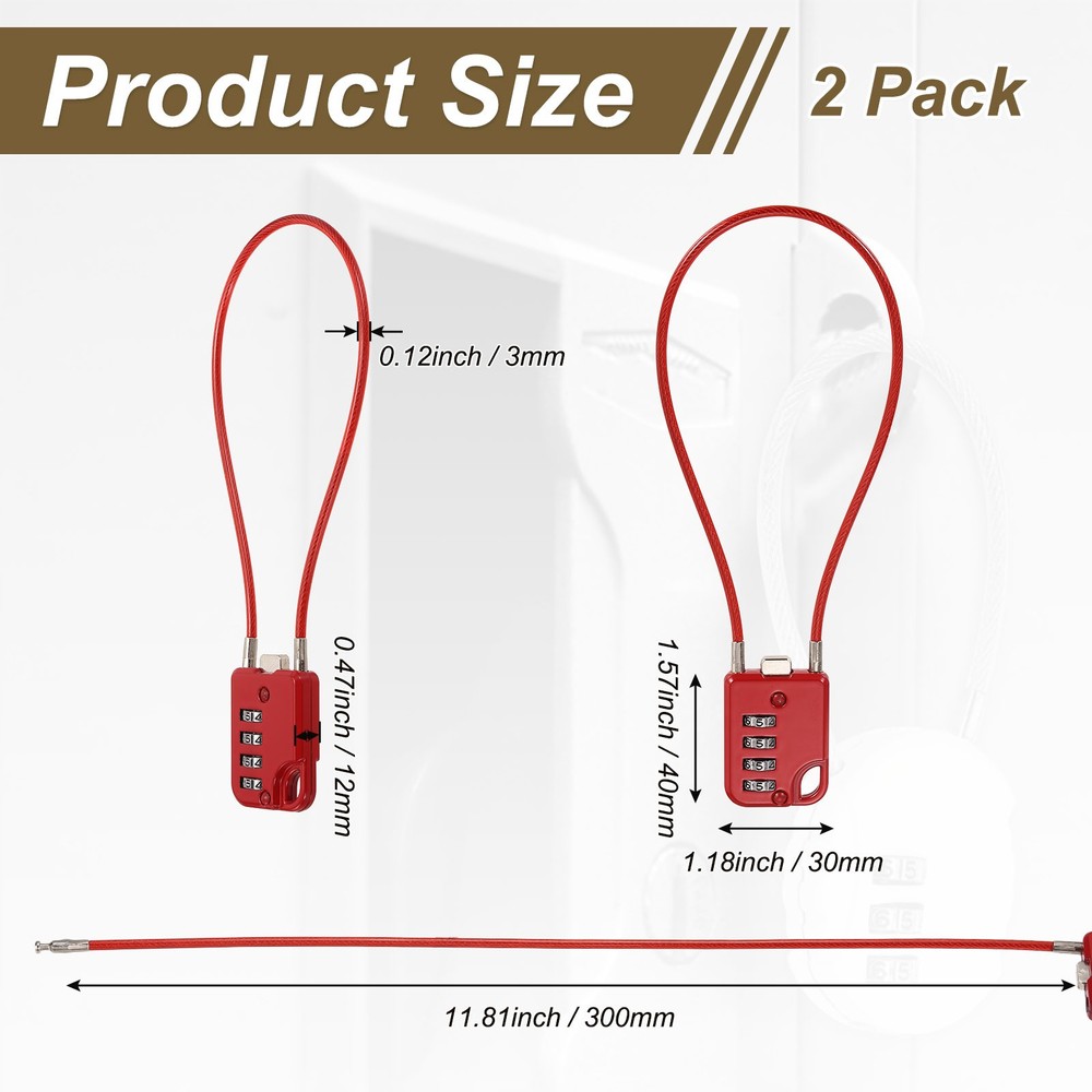 2-Pack Combination Padlock, 4 Digit 12 in Cable Luggage Lock [Red]