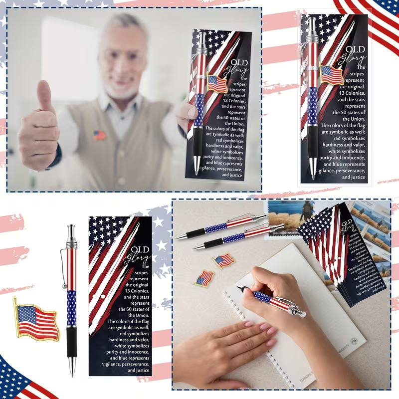 USA 250 Anniversary American Flag Ballpoint Pen+Flag Lapel Pin+Bookmark-Lot of 4
