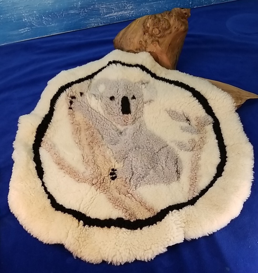 Vintage Austrailian Sheepskin Patchwork Rug Wall Hanging 19" Round Koala Bear