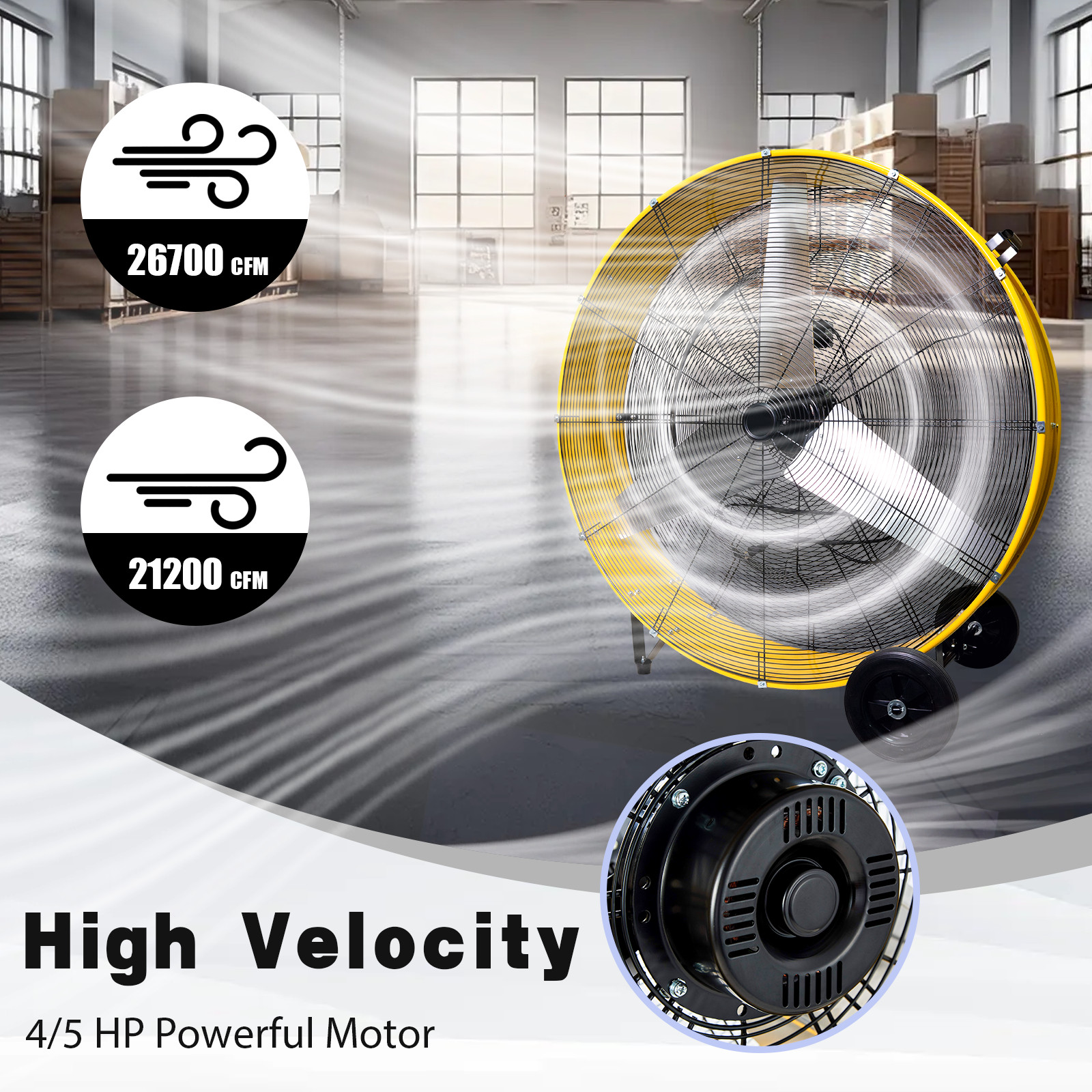 42 IN Portable Drum Fan, MAX 26,700 CFM Shop Fan Heavy Duty, 2-Speed