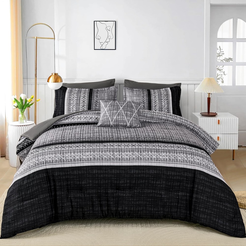 Dintszyayue Black Comforter Set King Size, 8 Pieces Boho 90“×103”,