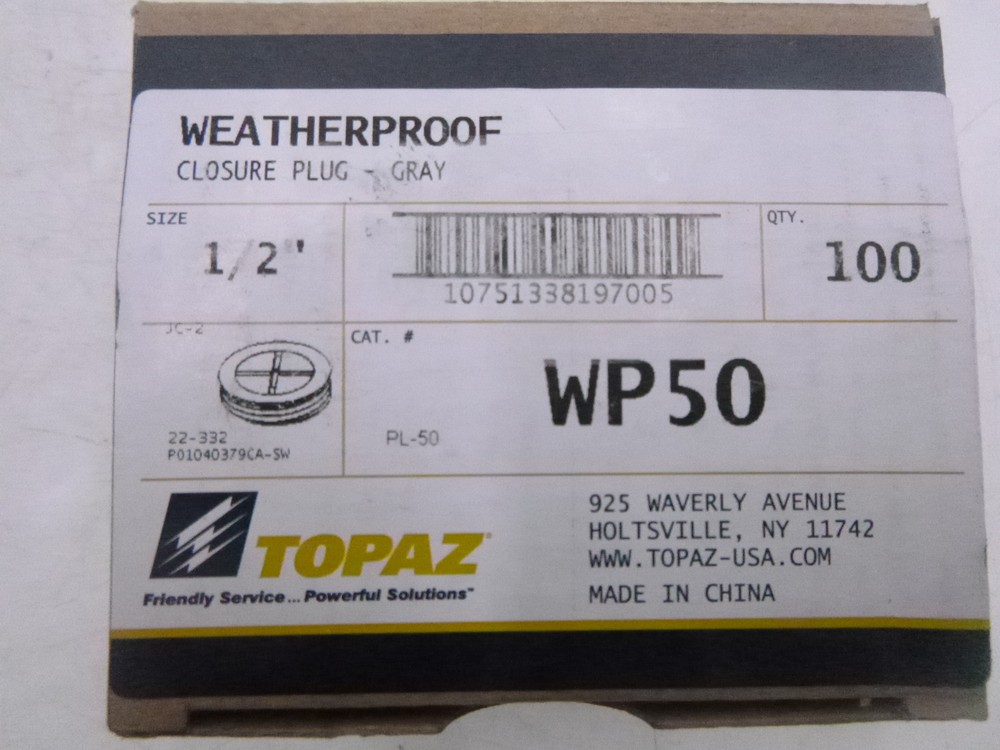 100 Pack Topaz Weatherproof Gray Closure Plug 1/2" WP50