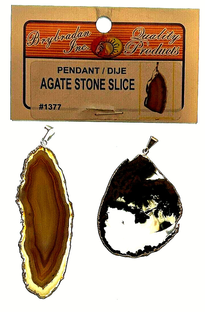 PENDANT AGATE STONE SLICE SILVER PLATED SIZE VARIES 2- 2 1/2"