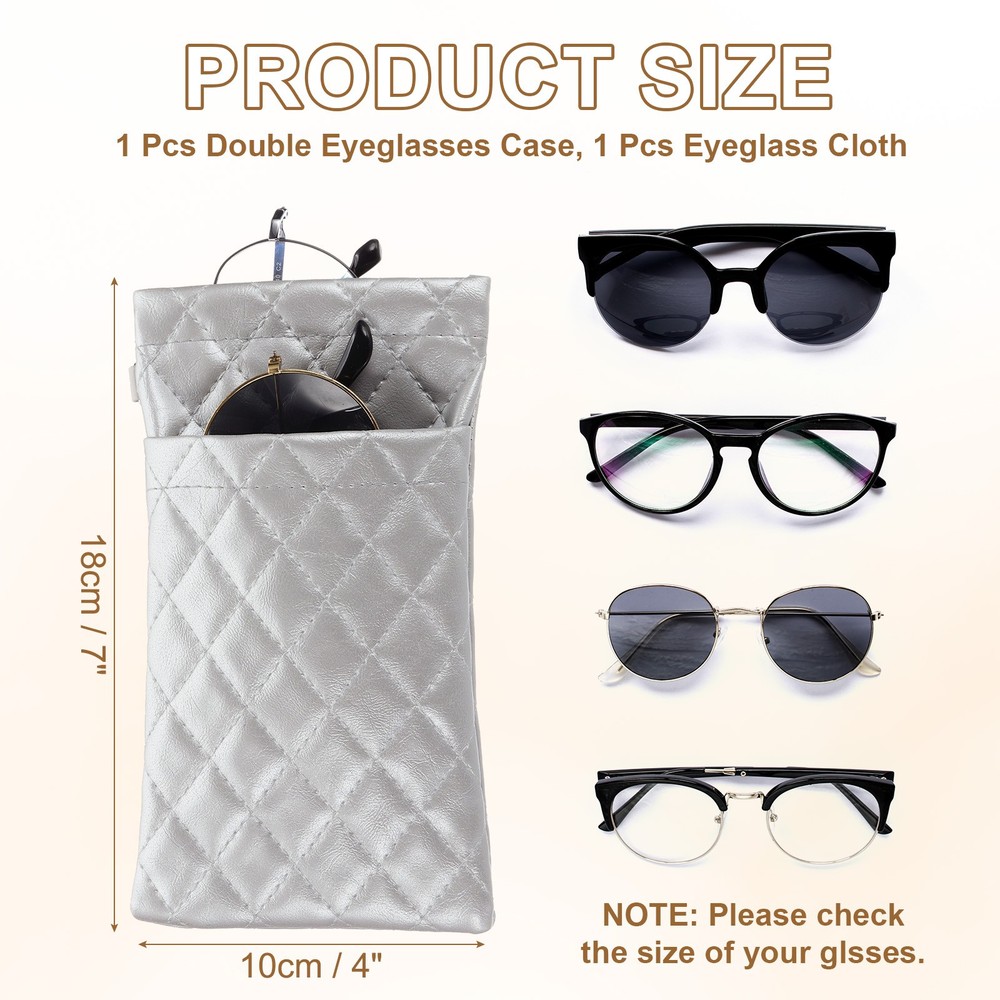 Soft Double Eyeglasses Case Pouch with Carrying Strap, Silver Tone