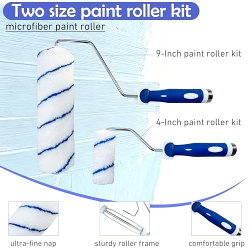 Paint Roller Kit 16PCS, 9&4 Inch Paint Roller with Adjustable 2-4FT Stainless