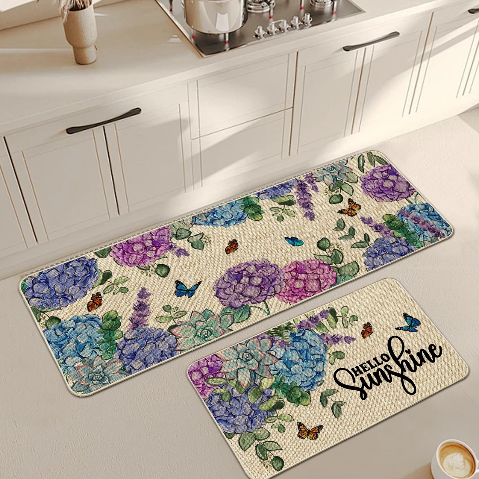 Best Spring Kitchen Rug and Mat Set of 2 Hydrangea Flowers Floor Non Slip Rubber