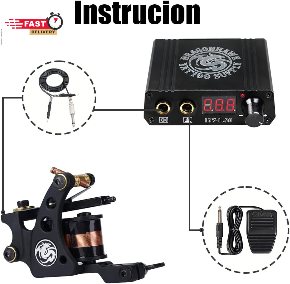 Dragonhawk Traditional Pro Complete Tattoo Kit - Two Machines Gun Easy Use Color