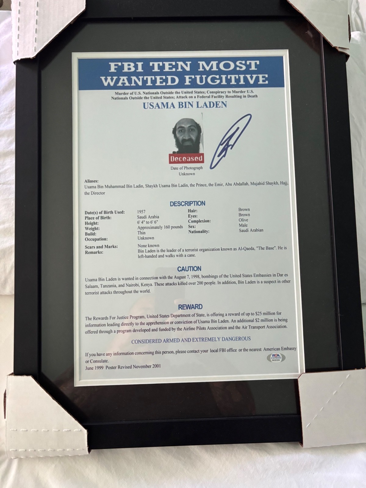Osama Bin Laden Pro Framed Matted : FBI Poster O’Neil Signed PSA Authentic