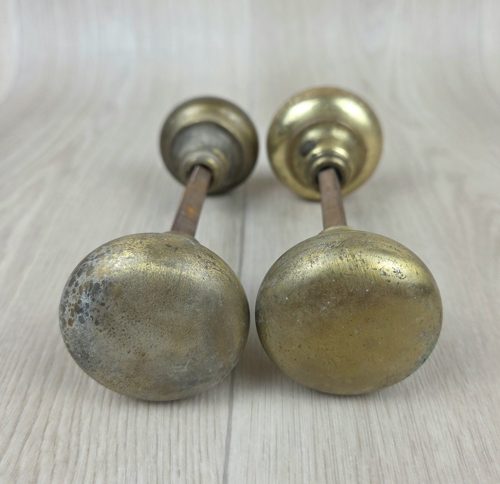 Vintage/Antique BRASS Door Knobs w/ Spindle Round Classic Plain Patina Rustic