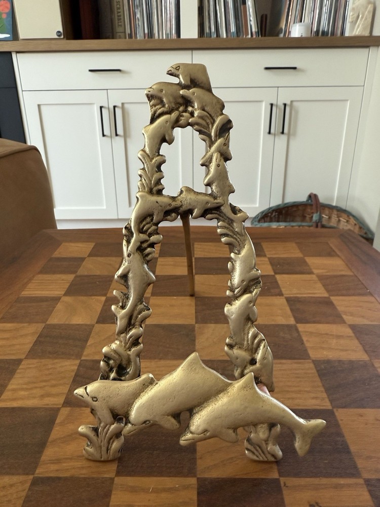 Vintage Solid Brass Swimming Dolphins Tabletop Decorative Art Easel Plate Stand