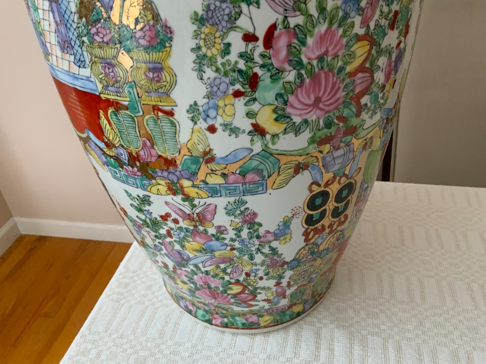 Large 24" Vintage Chinese Polychrome floor vase scenes flowers people