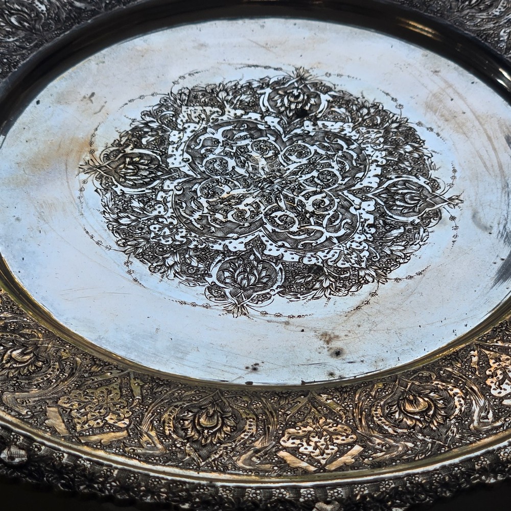 EXCEPTIONAL GENUINE ANTIQUE MIDDLE EASTERN SILVER ROUND TRAY DISH