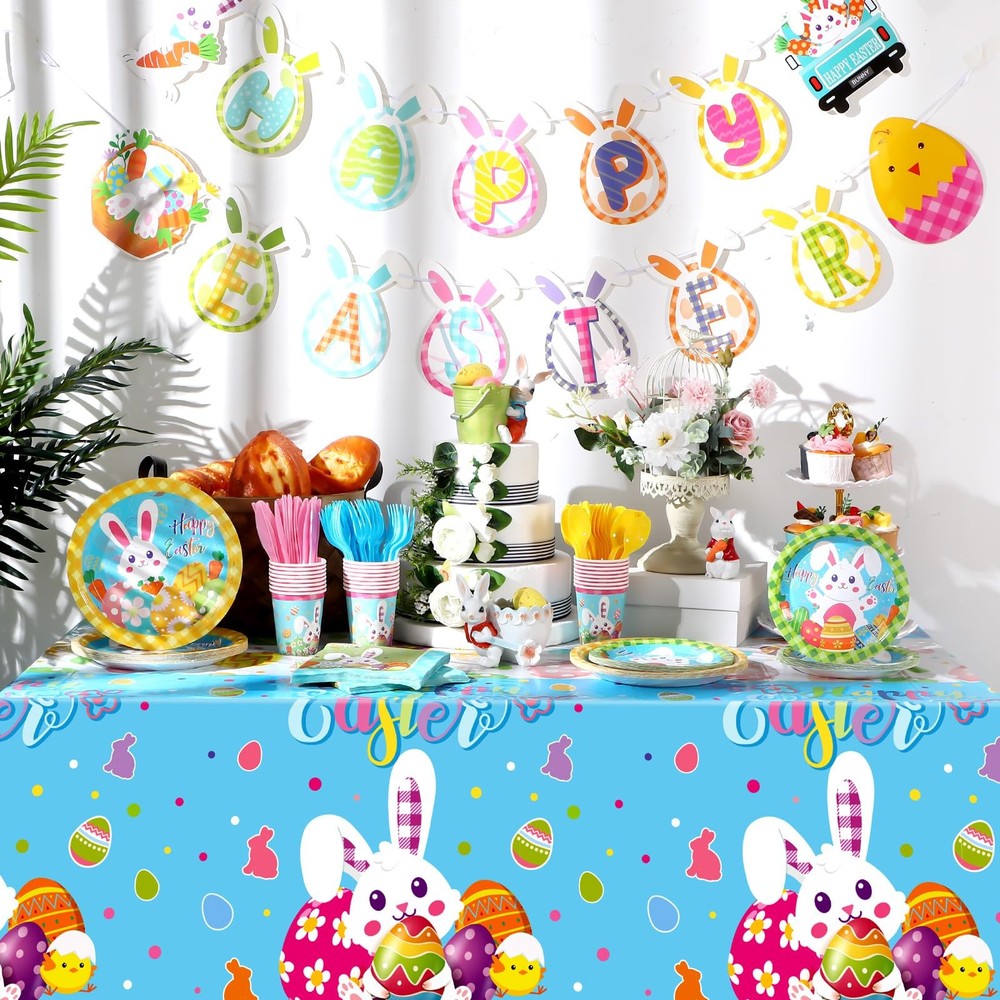 171 Pcs Happy Easter Party Supplies Disposable Easter Tableware Set with Bunn...