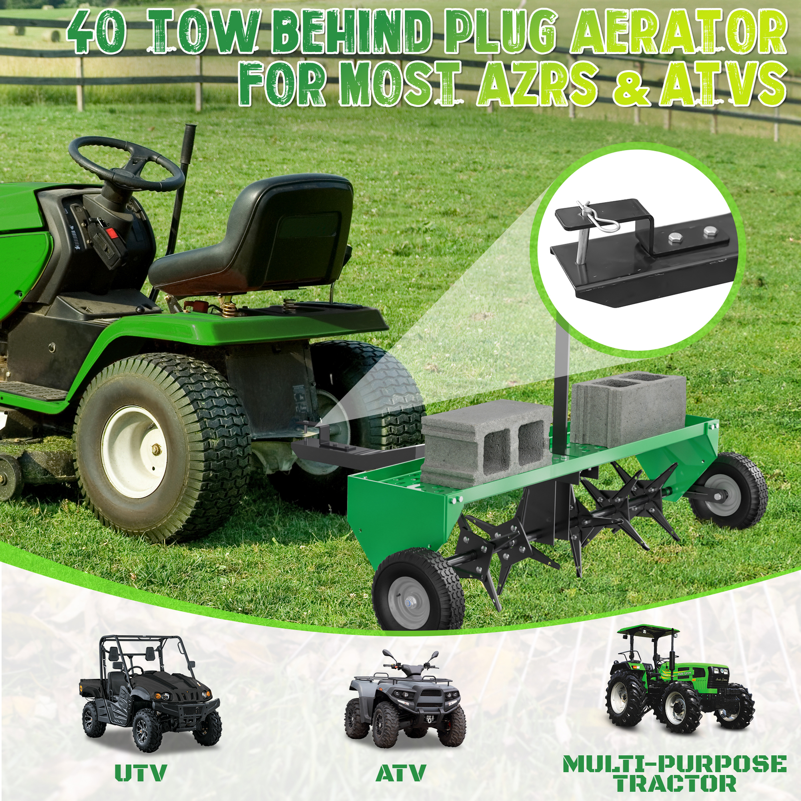 40" 101CM Tow Plug Lawn Aerator Lawn Spike Aerator Lawn& Garden Steel Heavy Duty