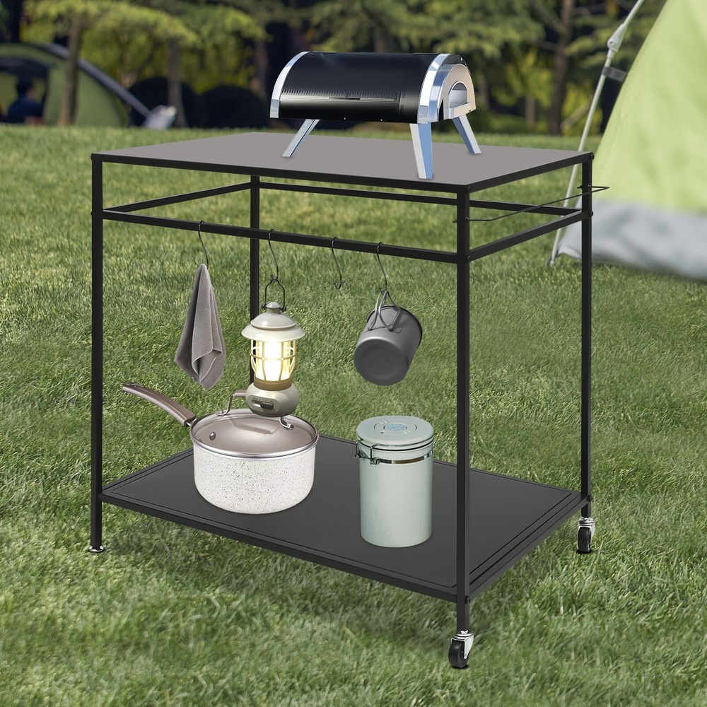 Kitchen BBQ Food Prep Work Cart Table Stand Mobile Storage Rack Grid Panel 2Tier