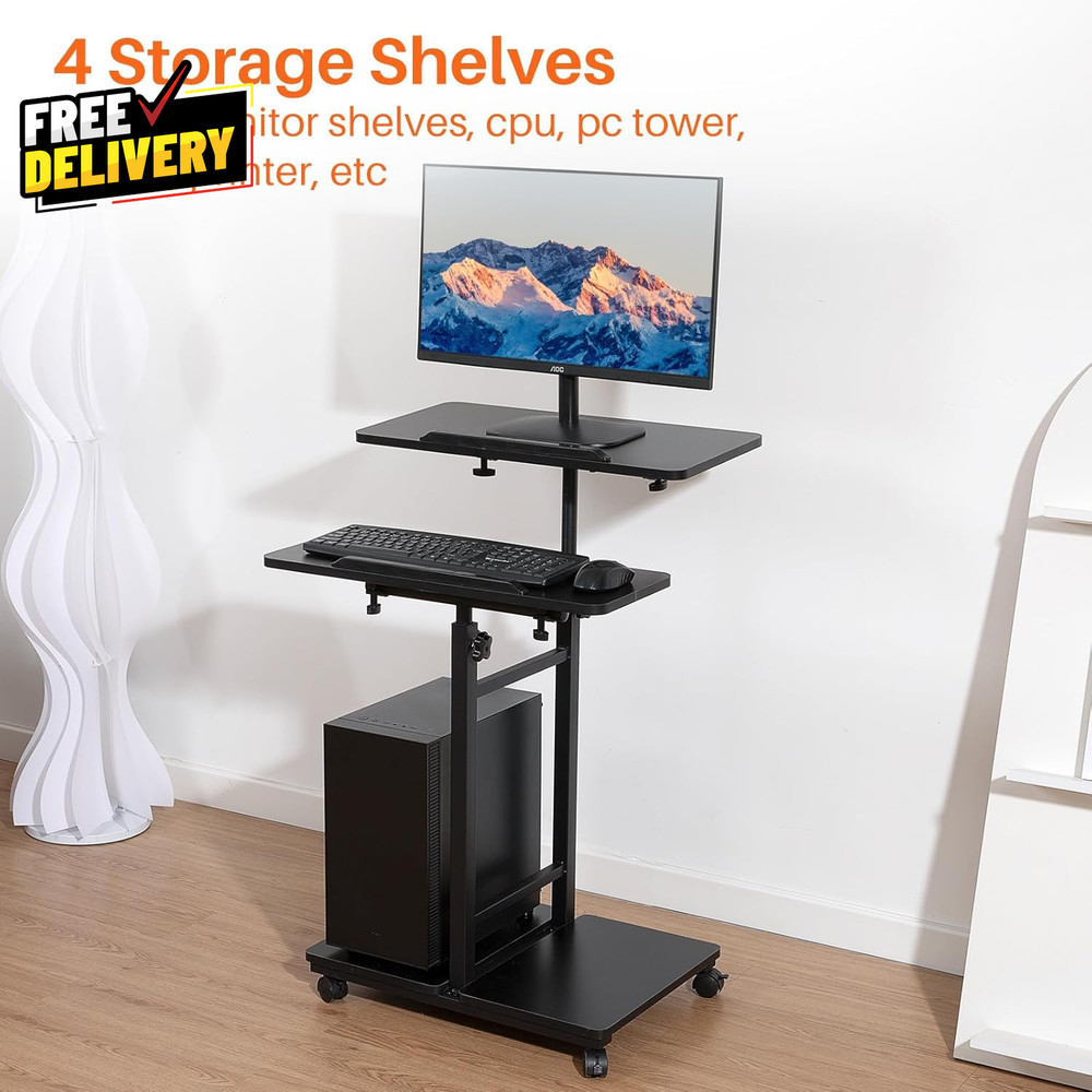 Mobile Laptop Stand Desk Standing or Sitting Rolling Computer Cart with Tower...