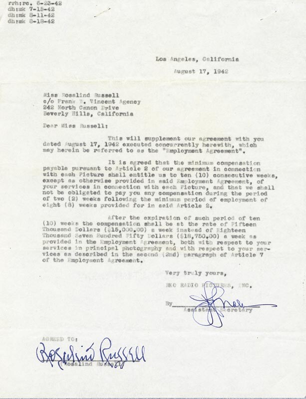 ROSALIND RUSSELL - DOCUMENT SIGNED 08/17/1942