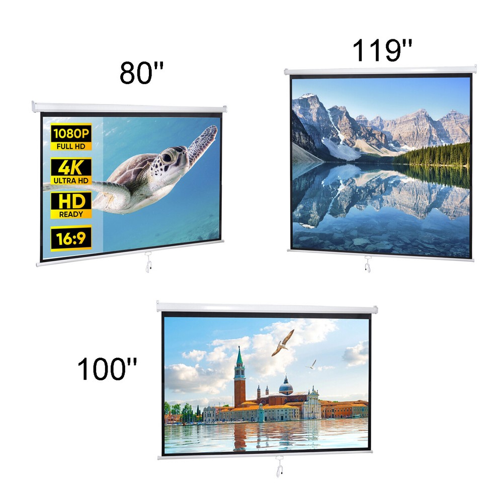 119"/100"/80" Projector Screen Pull Down Projection Movie Screen Home Theater