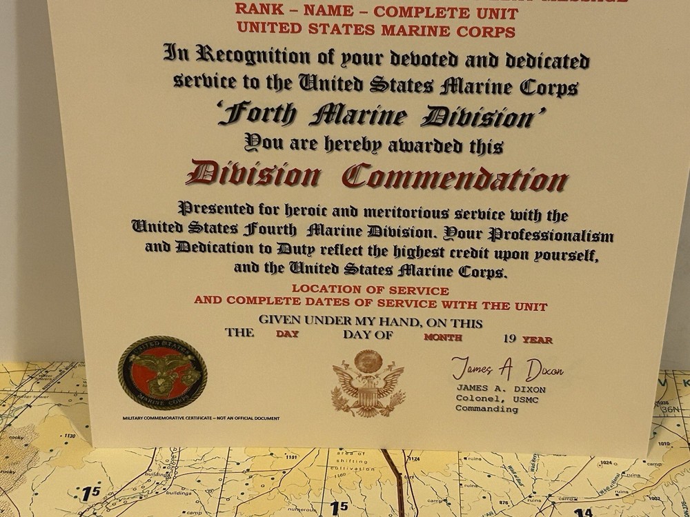 U.S.M.C. / FOURTH MARINE DIVISION ~DIVISION COMMENDATION REPLACEMENT CERTIFICATE