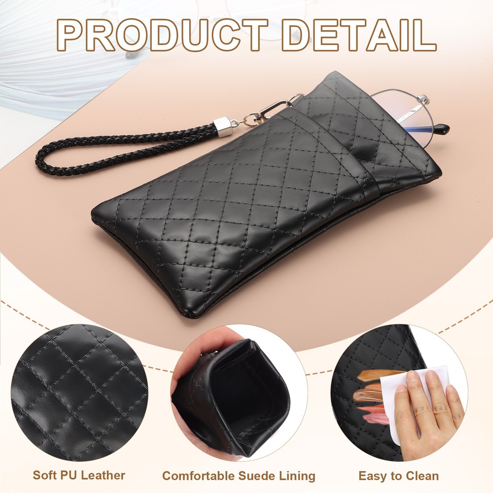 Soft Double Eyeglasses Case Pouch with Carrying Strap, Silver Tone