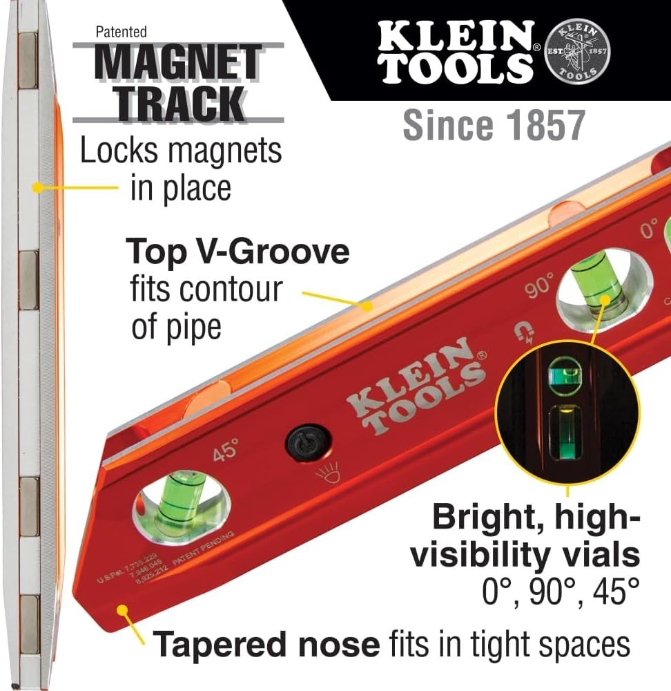 Klein Tools 935RBLT 9" Lighted Torpedo Level - Precision with Secure Magnet