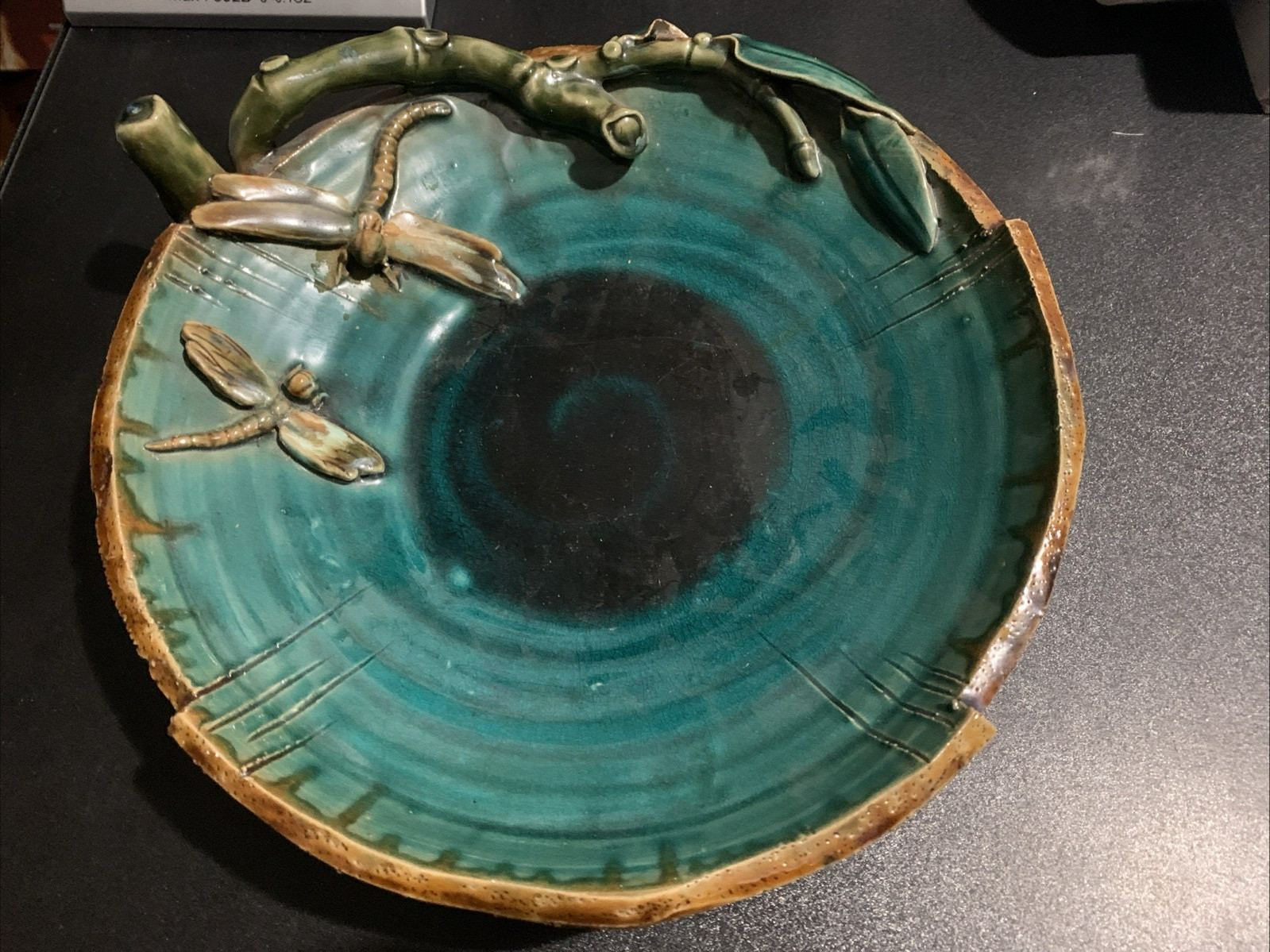 Vintage Mission Style Pottery Dragonfly Collectable Art Pottery Green Bowl 11"