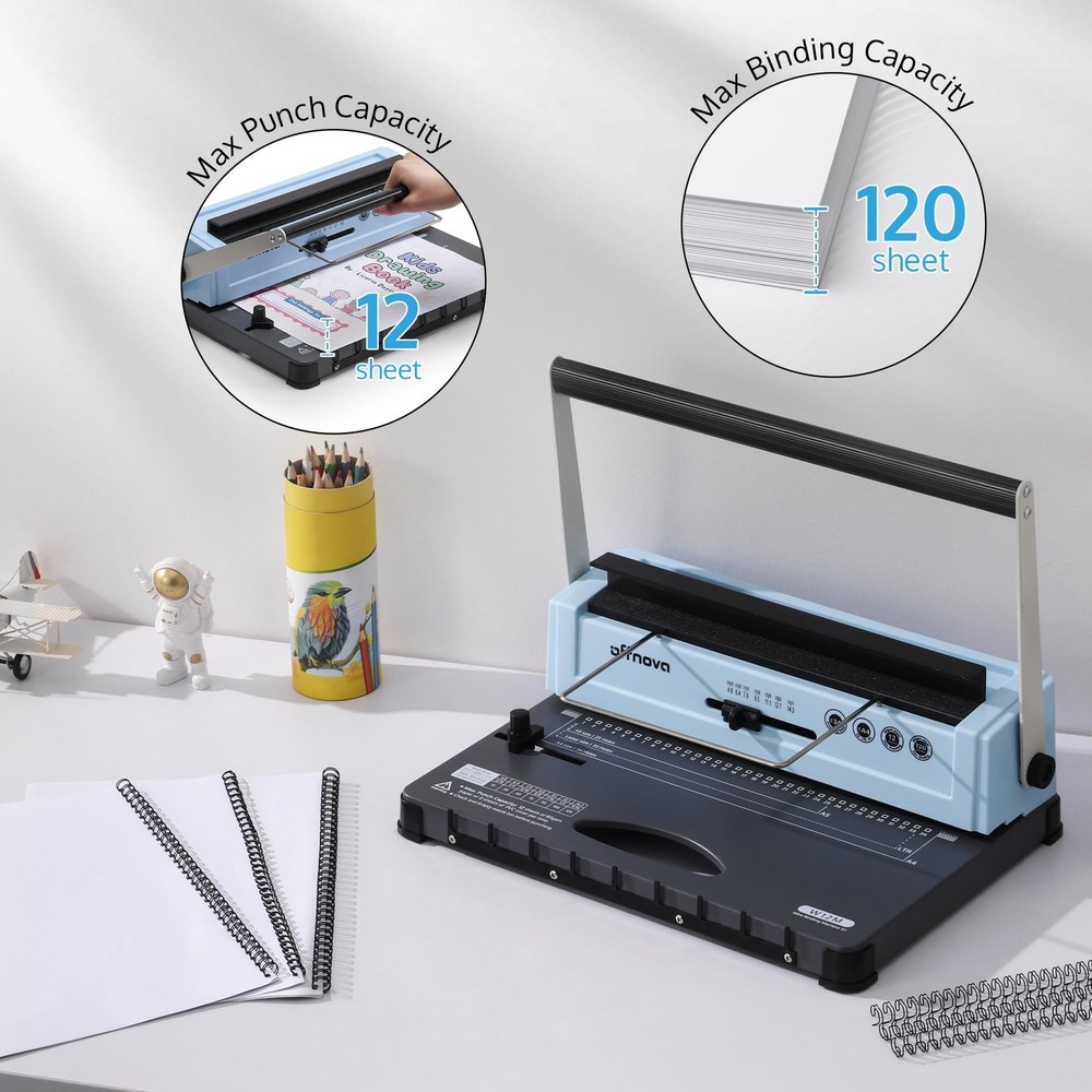 OFFNOVA Wire Binding Machine, Punch 12 Sheets, 34-Square Hole Punch, Bind 120...