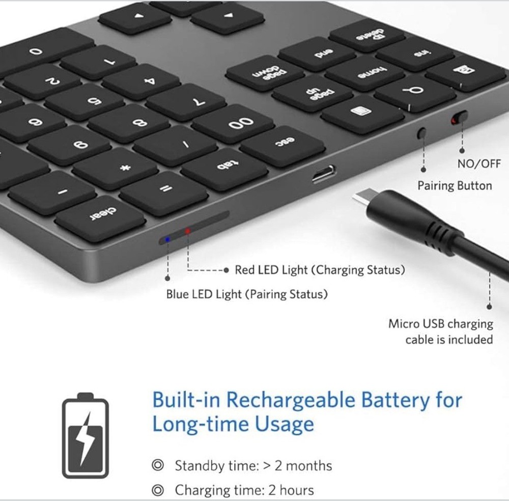 Bluetooth Number Pad Wireless Numeric Keypad USB-C Rechargeable External 34-K...