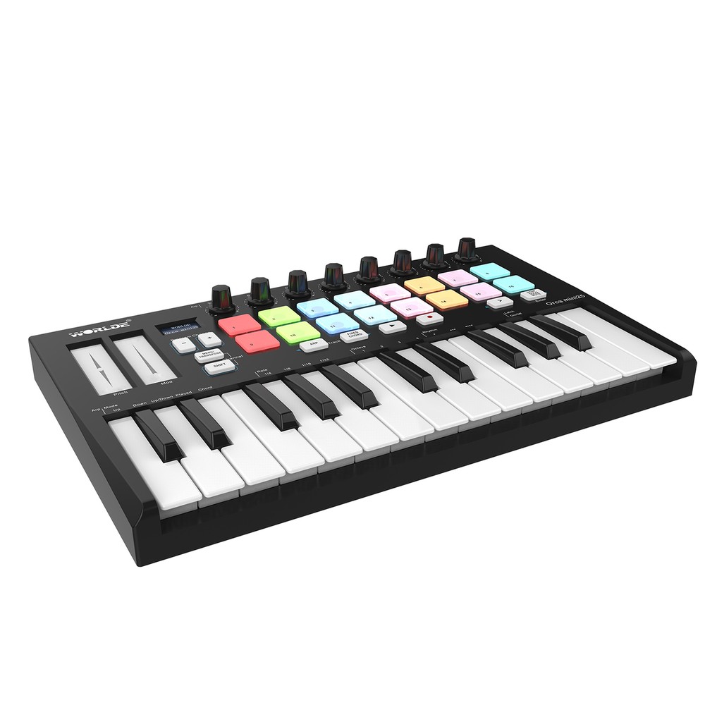 WORLDE 25-Key USB MIDI Keyboard Controller 16 RGB Backlit Trigger Pads R8I9