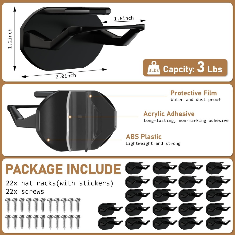 22 Pack Adhesive Hat Hooks for Wall, Super Strong Hat Rack for Baseball Caps,...