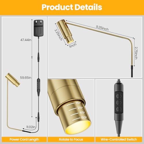 Zoomable Picture Light Spotlight,Plug in LED Picture Lights for 1 Pack Gold