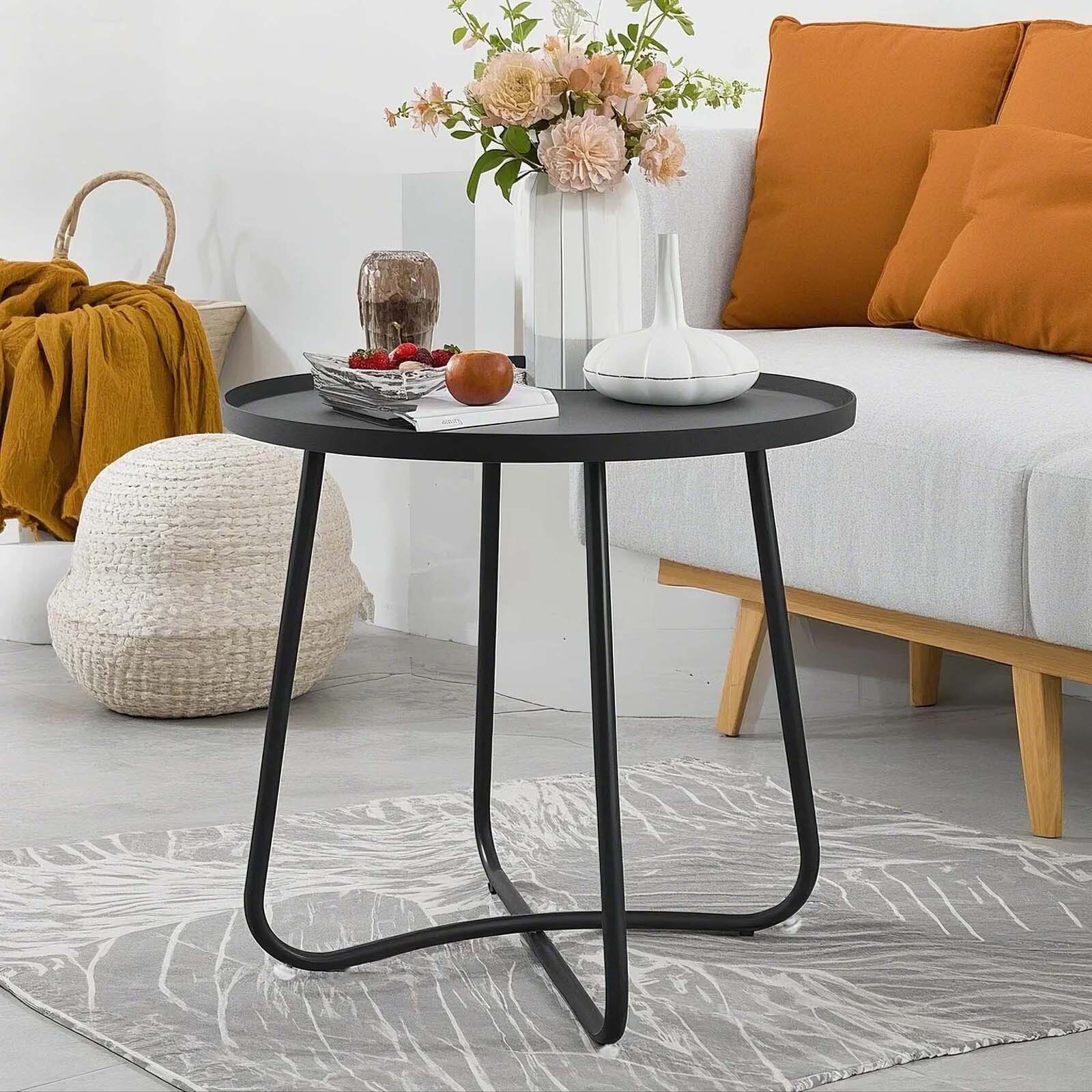 Patio Outdoor Side Tables Small Round Metal End Table Portable Garden Black