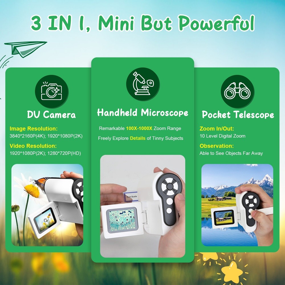 4K Super Clear Kids Microscope Rechargeable Mini Digital Microscope 1000X Zoom