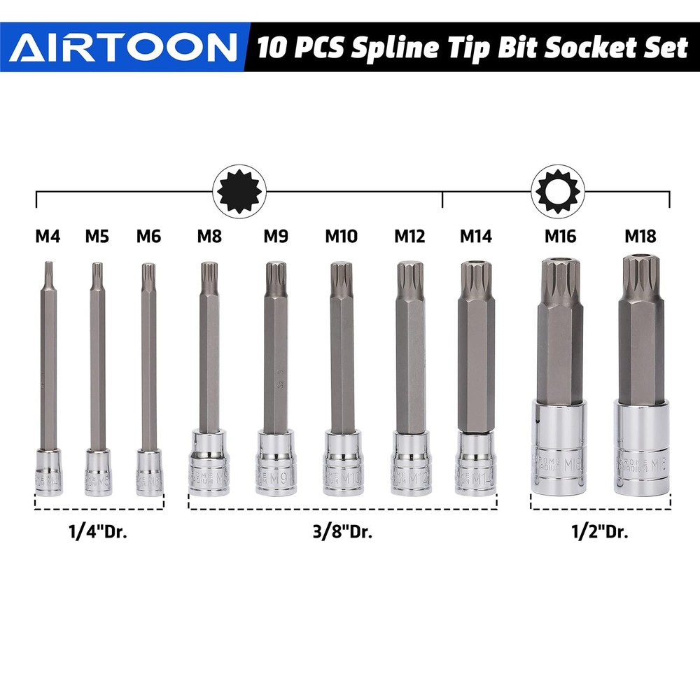 AIRTOON 10PCS Triple Square Spline Bit Socket Set, Extra Long 4'' One Size