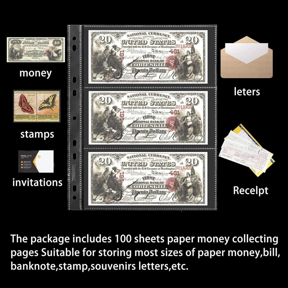 100 Sheets Currency Pages - 3 100 Sheets(3 Pockets/Sheet), Transparent