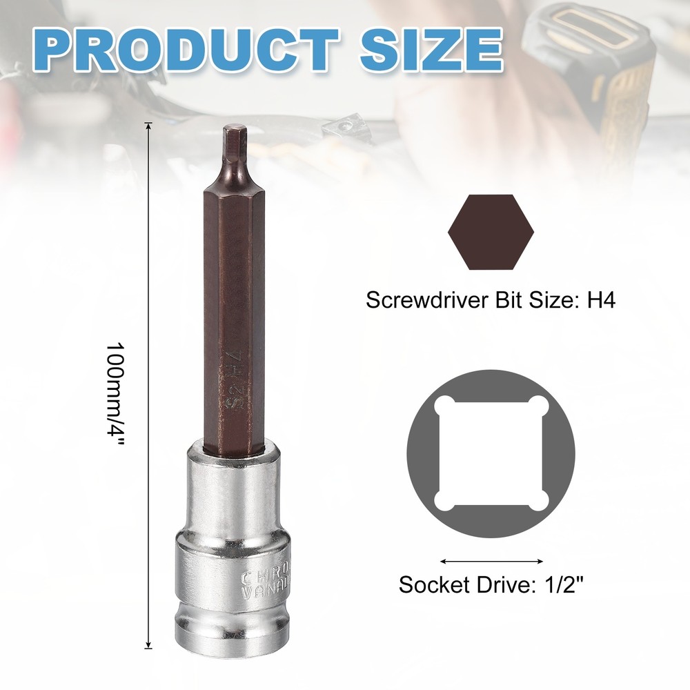 2Pcs Hex Bit Socket H4 1/2" Drive 4" Length S2 Steel Long Bit CR-V Socket