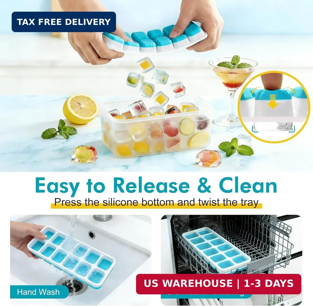 NFK Ice Cube Tray with Lid & Bin - 4 Pack 48 Cubes Stackable Silicone Trays for