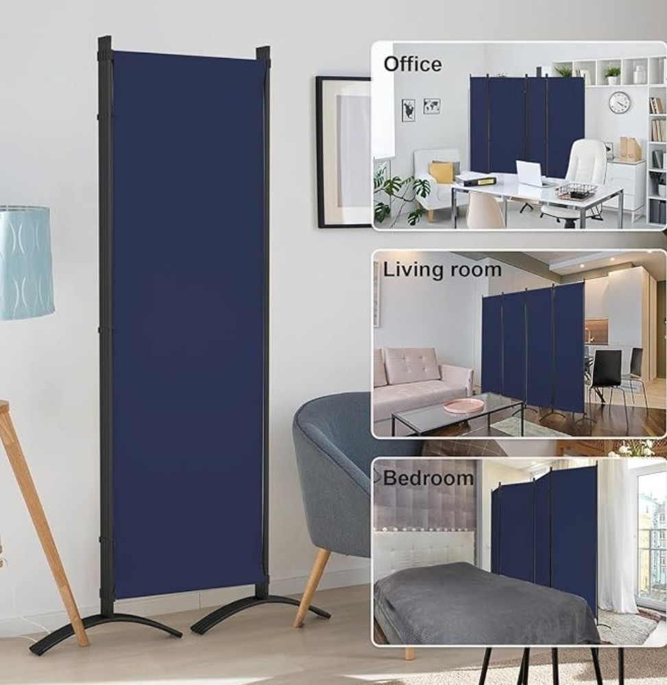 4 Panel Blue Room Divider With 5 Shoes For Stability