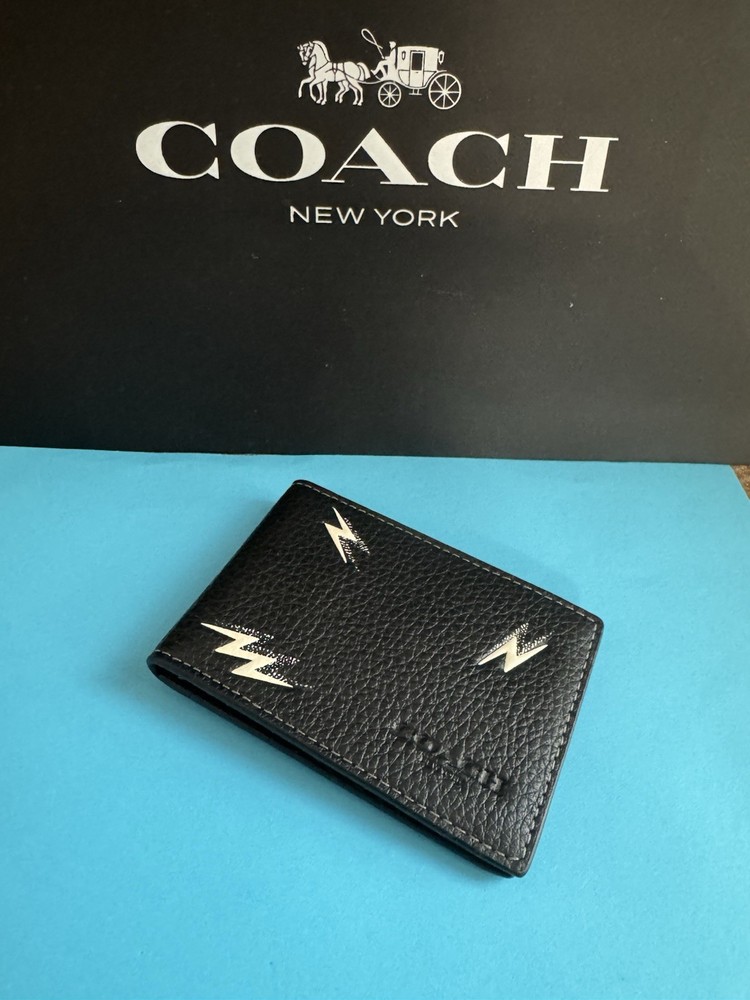 NWT Coach Compact Billfold With Lightning Bolt Print Leather Black Multi