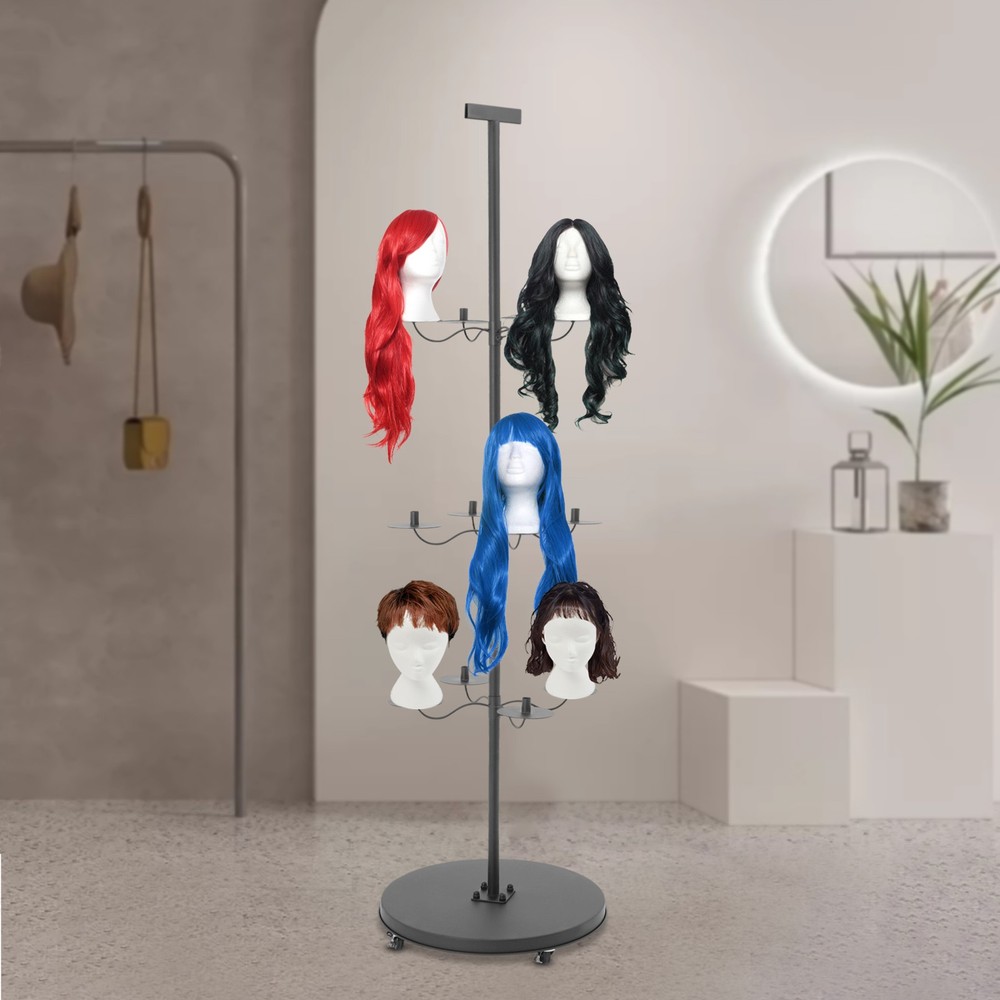 12-Head Adjustable Wig Display Stand with Lockable Wheels - Modern Iron Design