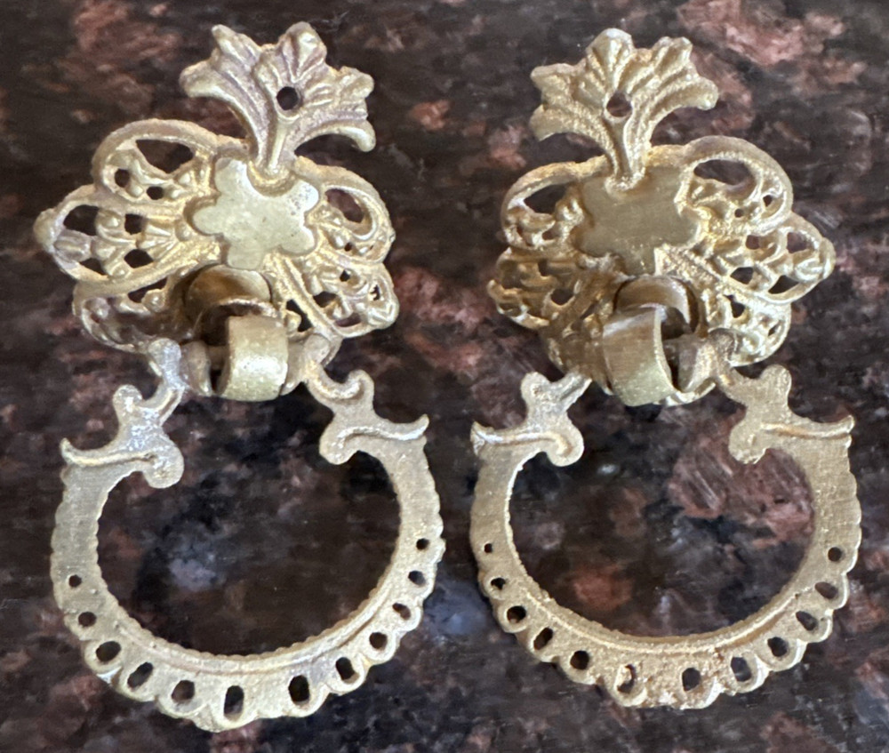 2 Antique Cast Bronze Drawer Drop Bail Handle Pulls