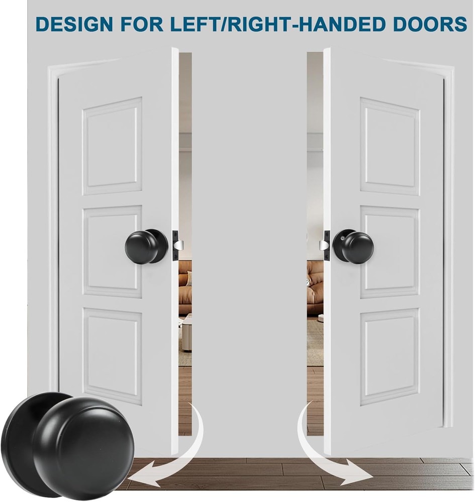 RAZCC 4-Pack Matte Black Passage Door Knobs, Interior Round Handles for Hallway/