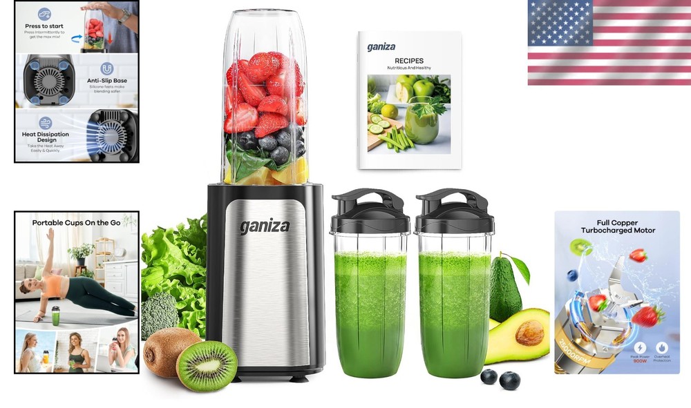 Compact 900W Personal Blender for Smoothies - Includes Nutritious Recipes