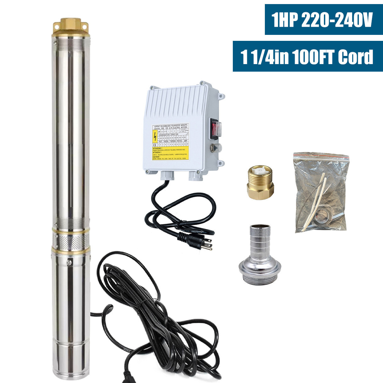 3'' OD 1HP Deep Well Submersible Pump 230V 13GPM 247ft Stainless Steel 100' Cord